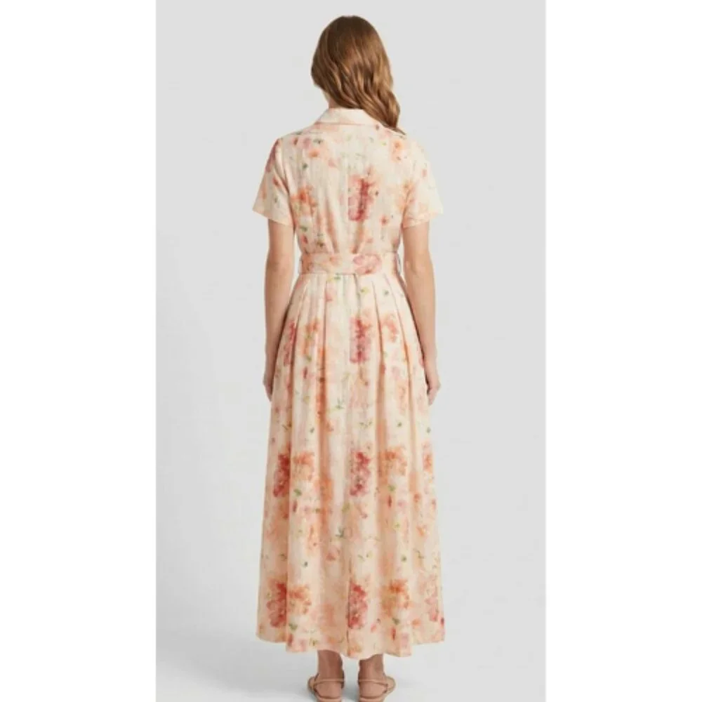 Watercolor Floral Button Front Maxi Dress With Belt in Peach - Picture 2 of 2